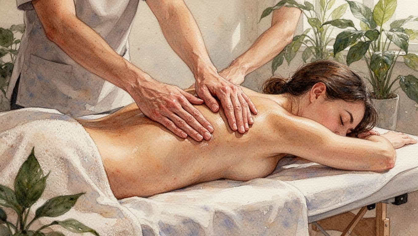 Massage Table Height and Why It Changes the Whole Session 3 Therapist's hands press client's draped back during deep tissue massage on hip-height table in spa with plants.
