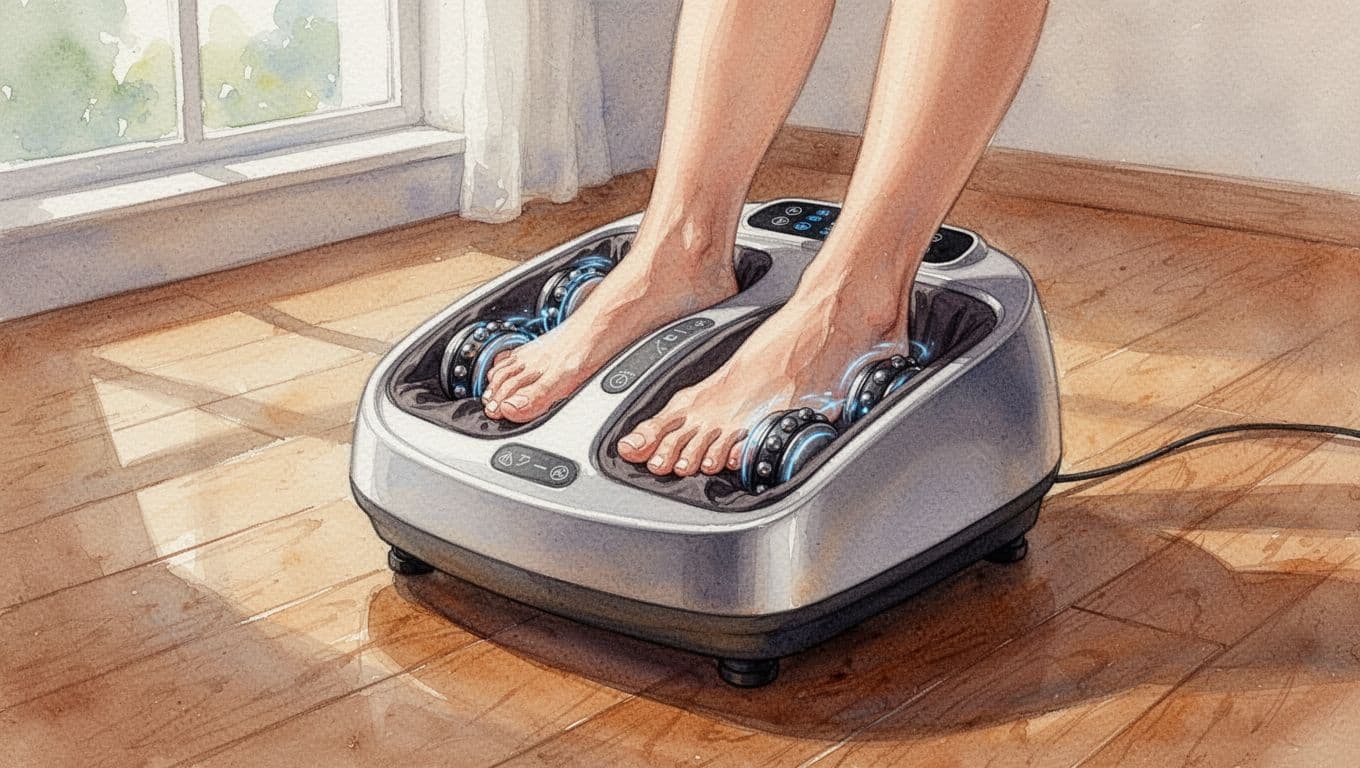 Close-up watercolor of modern electric foot massager with rolling nodes on bare feet on wooden floor.