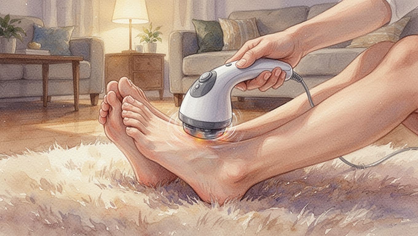 Pair of feet massaged by handheld device on soft rug in cozy room, watercolor style.