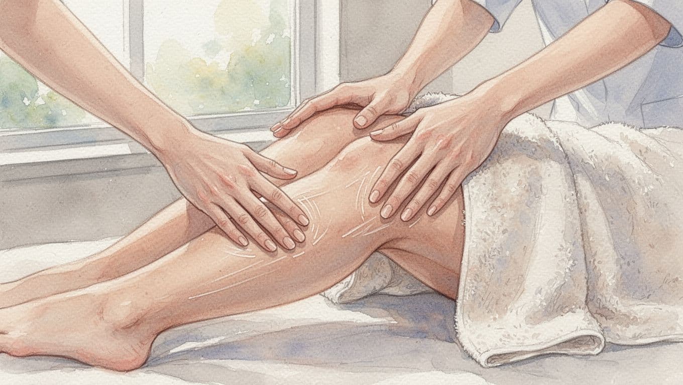 Close-up of two hands applying light upward strokes to lower legs, draped in spa towel, watercolor style.