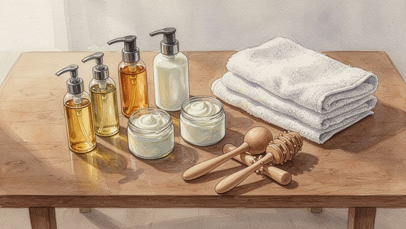 Top-down watercolor view of oils, lotions, towels, and wooden tools on a wooden table in serene spa.