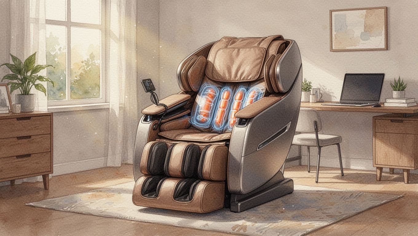 Empty modern massage chair in home office with extended footrest and armrests showing airbag details, soft afternoon light, watercolor style.