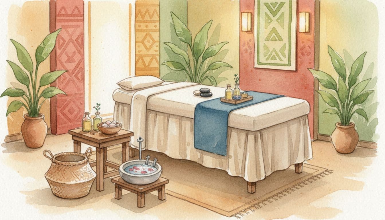 Massage Envy: US Chain Insights and Nairobi's Top Relaxation Spots 3 Empty watercolor spa room with massage table, oils, towels, foot massager, woven basket, plants, and warm lighting.