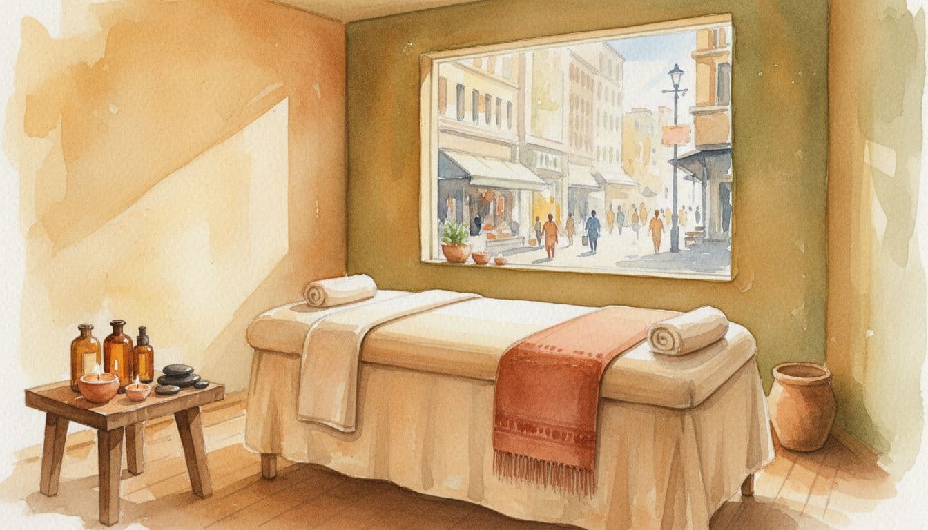 Massage Therapy in Nairobi: How to Choose the Right Session 3 Empty watercolor spa interior with massage table, essential oils, candles, and Biashara Street view through window.