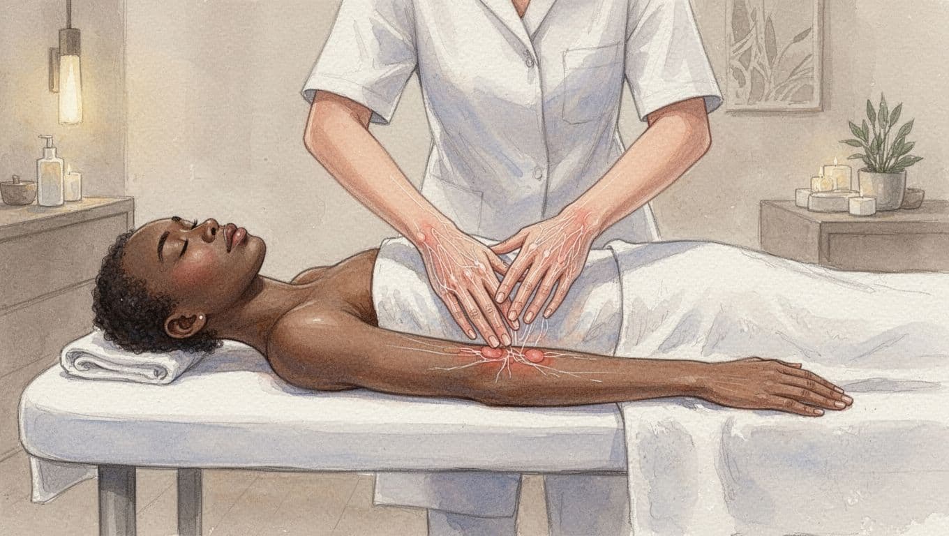 Therapist performs gentle arm lymphatic drainage on client lying on massage table in serene spa room.