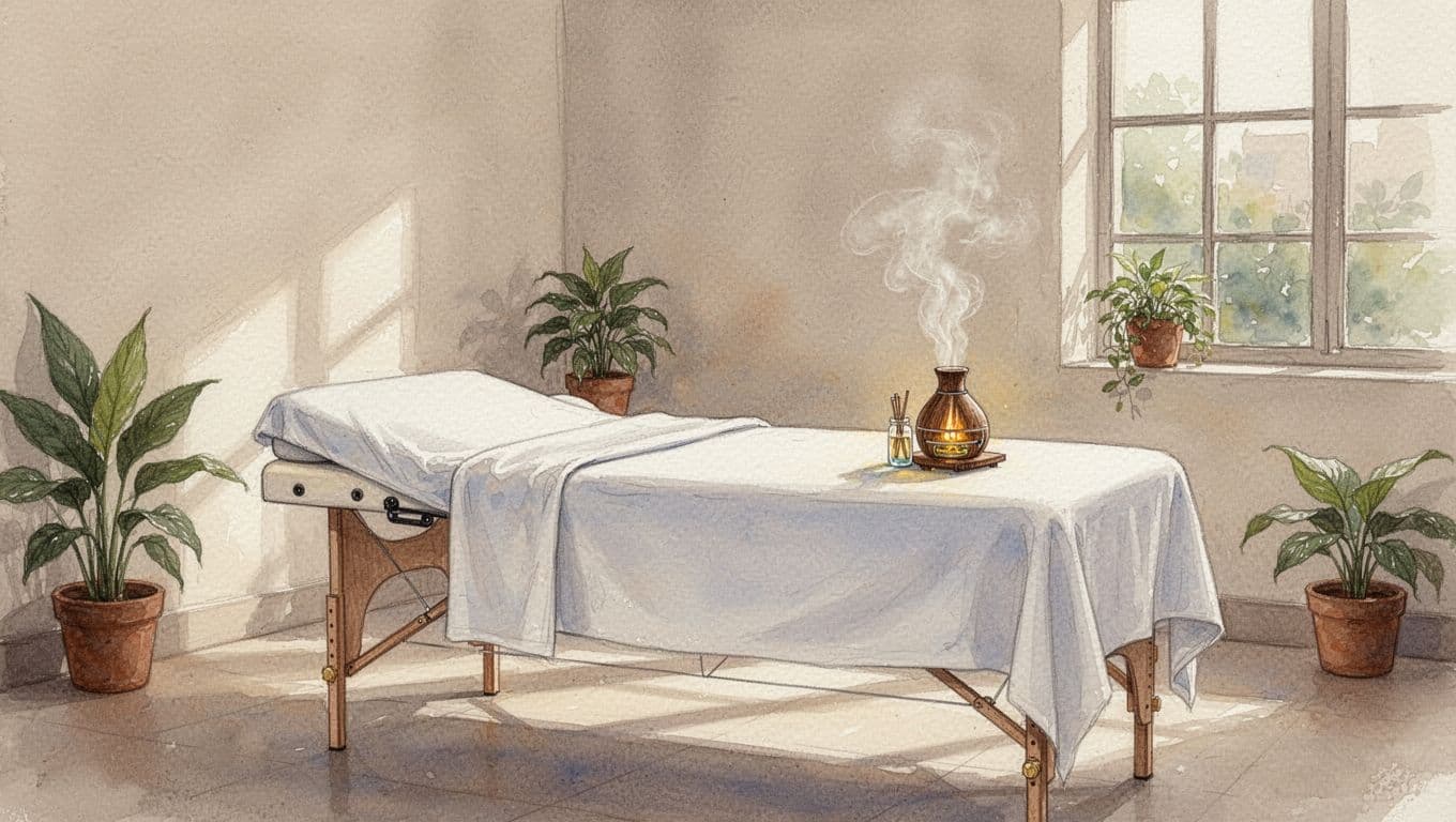 Watercolor painting of massage therapy room with treatment table, fresh linens, oil diffuser, potted plants, and window lighting.