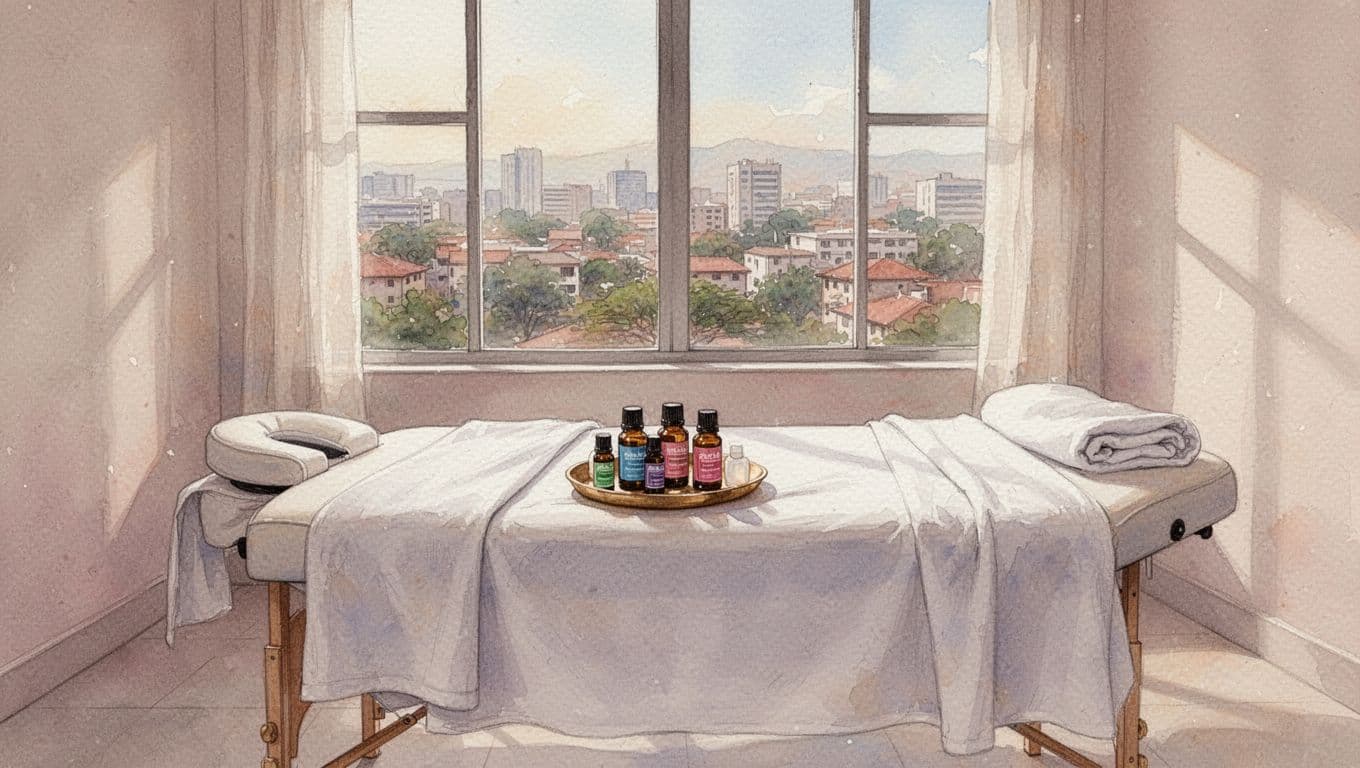 Watercolor-style spa interior with massage table, fresh linens, essential oils, and window view of city.