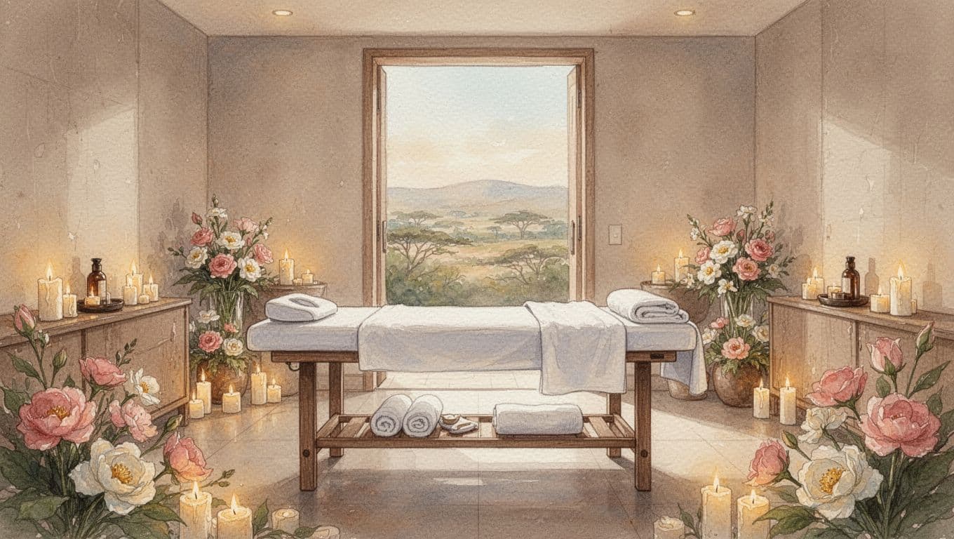 Massage Table Height and Why It Changes the Whole Session 4 Empty Nairobi spa interior from doorway shows massage table at ideal height with flowers, candles, and soft lighting in watercolor style.