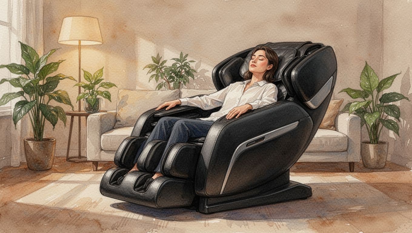 Relaxed adult reclines with closed eyes in black leather massage chair in cozy living room with plants and warm light, watercolor style.