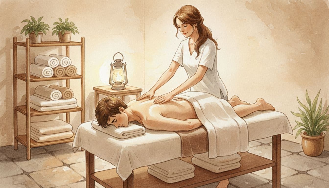 Massage Therapy in Nairobi: How to Choose the Right Session 2 Therapist performs Swedish massage on client's back in cozy spa room with soft lighting and folded towels.