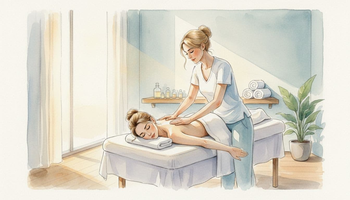 Massage Envy: US Chain Insights and Nairobi's Top Relaxation Spots 2 Female therapist massages draped client's back on table in modern spa room with oils, towels, and soft window light, watercolor style.