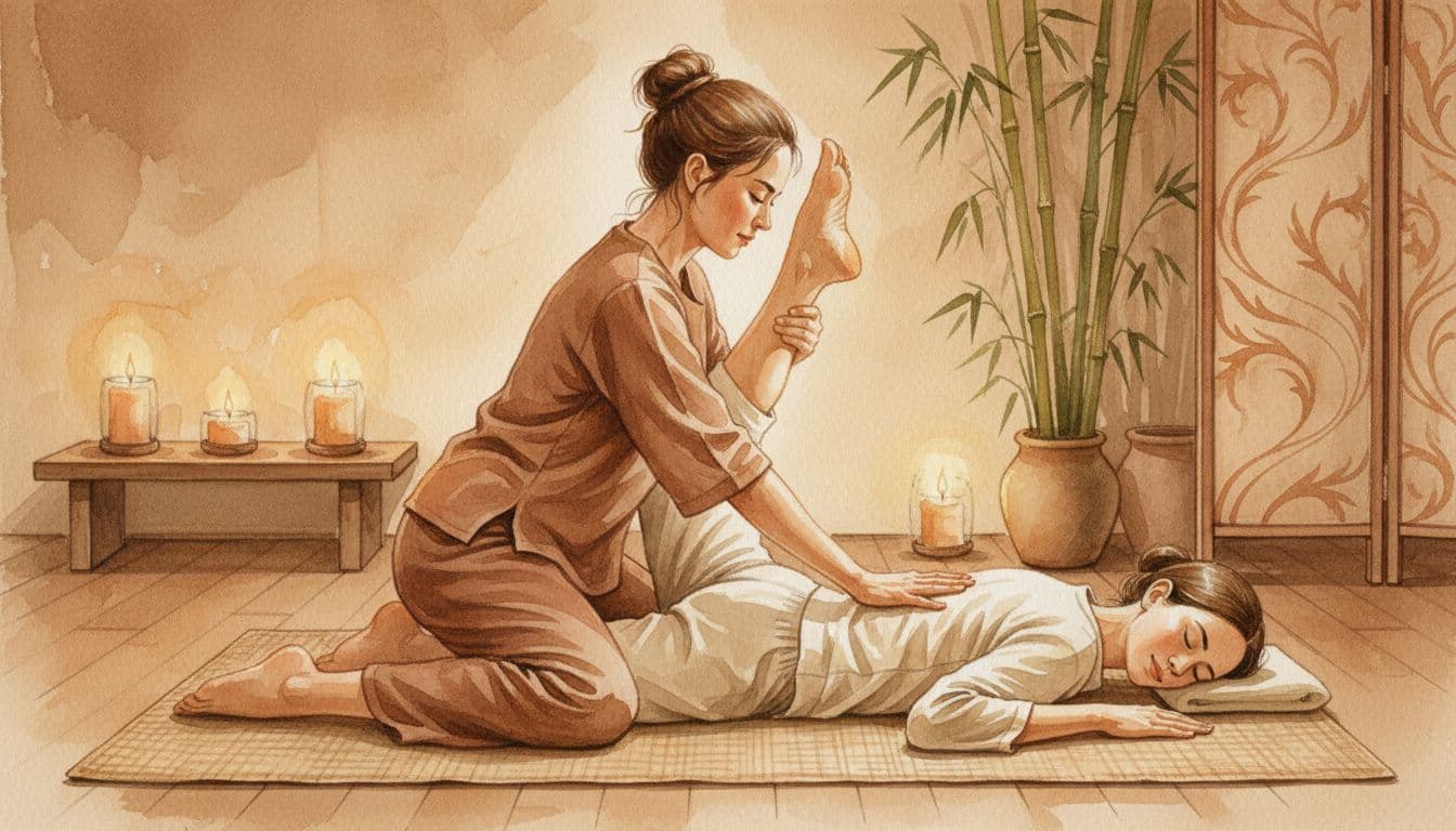 Asian Massage in Nairobi: What to Expect Before You Book 2 Therapist aids relaxed client in stretch on mat in dim spa with bamboo and candles.