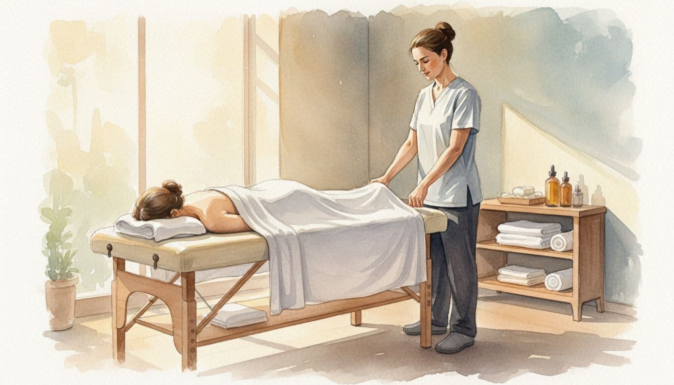 Massage Table Height and Why It Changes the Whole Session 2 Massage therapist adjusts padded table height to hips with face-down client under sheet in cozy spa.