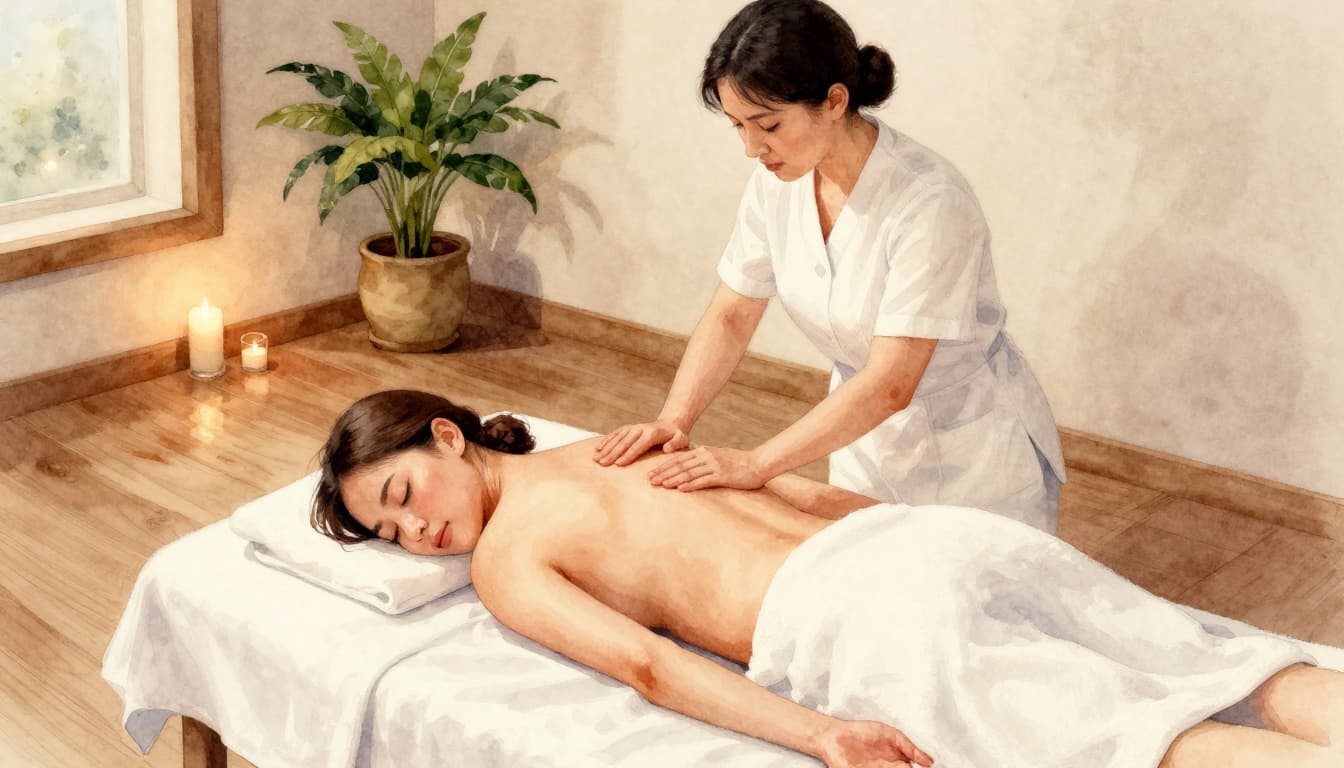 Elements Massage and What Nairobi Spa Seekers Can Learn From It 2 Female therapist massages shoulders of relaxed face-down female client on table in candlelit spa with plants and wooden floors.