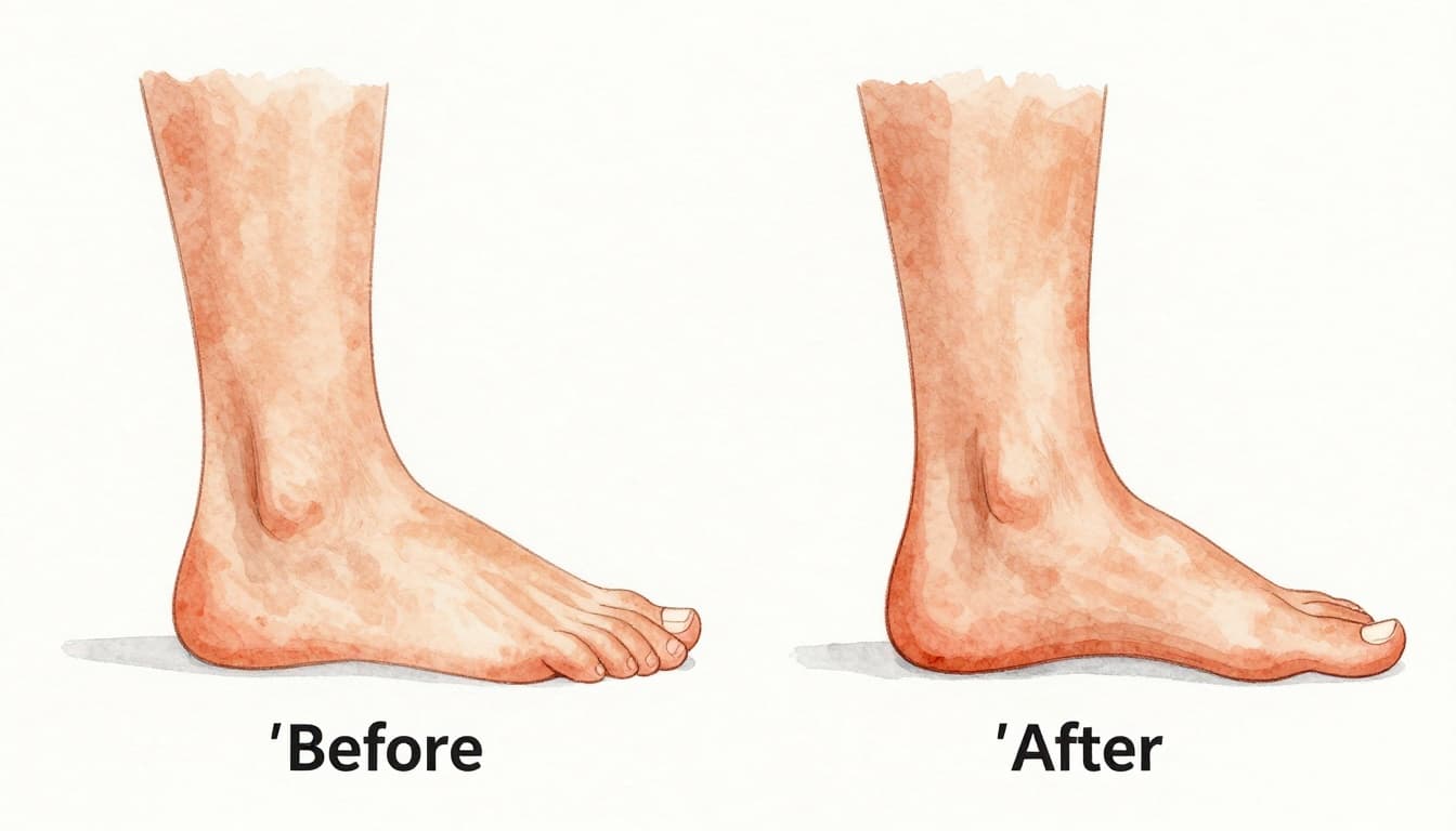 Lymphatic Drainage Massage in Nairobi: Benefits and What to Expect 3 Left side puffy ankle labeled 'Before'; right side reduced swelling labeled 'After' in watercolor style.