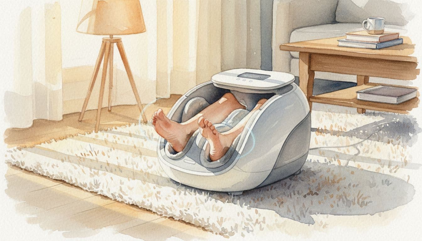 Pair of bare feet in a foot massager on living room floor with soft lamp lighting, watercolor style.