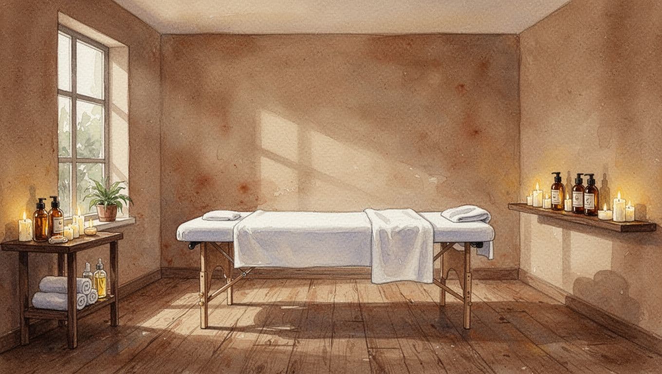 Massage Chair Benefits and Why Nairobi Still Needs Spa Care 4 Watercolor-style empty spa room with massage table, oils, candles, and soft lighting in warm earth tones.