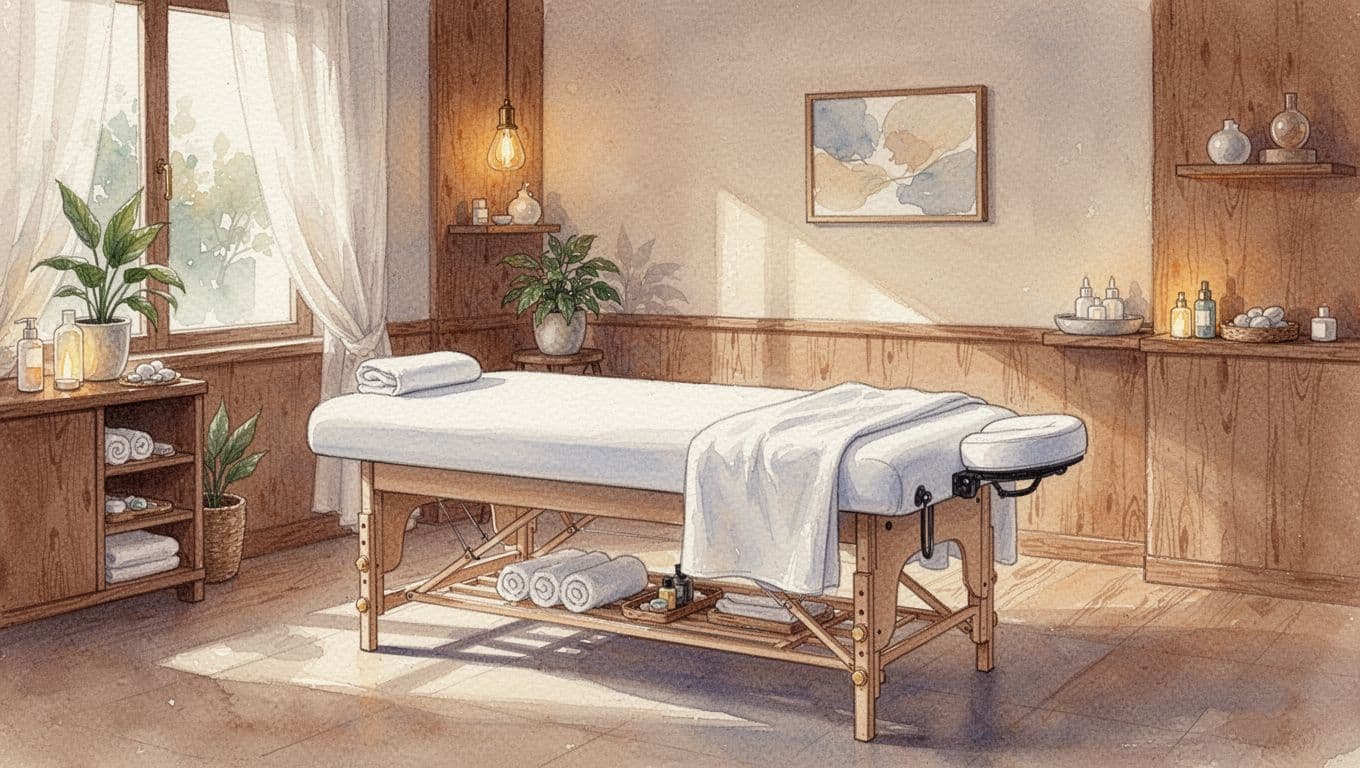 Massage Near Me Current Location: How to Choose in Nairobi 2 A tranquil spa room features a massage table and warm wood decor in a soft watercolor style.