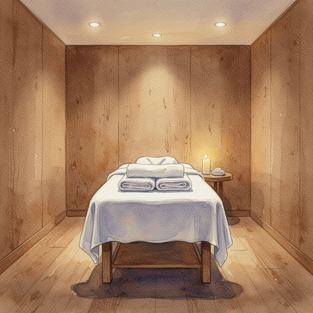 A tranquil massage room featuring a clean treatment table, folded towels, and soft ambient wooden interiors.