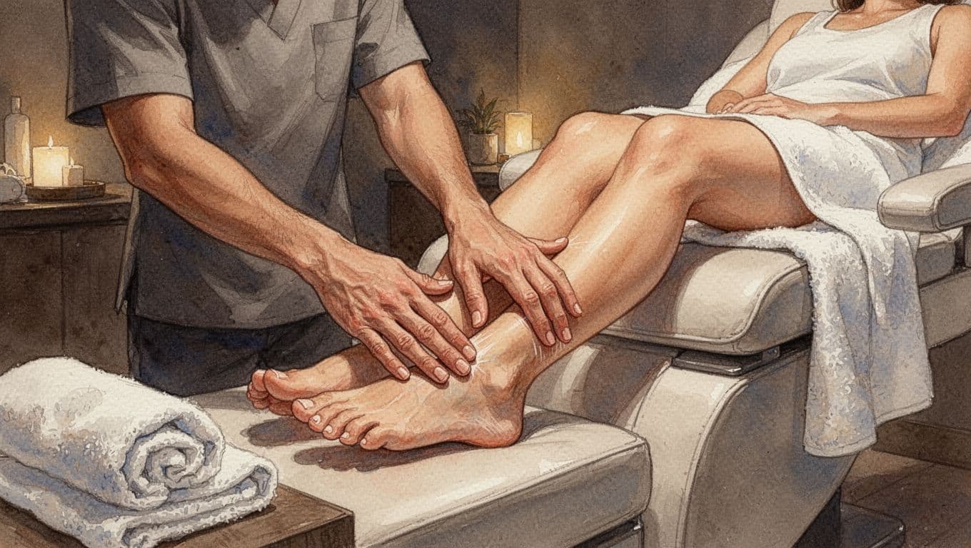 Massage therapist applies thumb pressure to client's feet and lower legs in spa chair amid dim lights and towels.