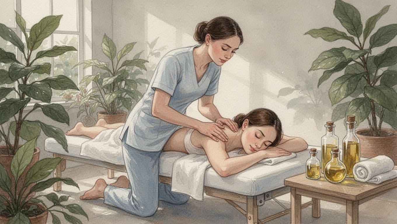 Massage Near Me Current Location: Choosing the Right Spa in Nairobi CBD 3 Female therapist applies elbow pressure to client's shoulders on table in spa room with plants.