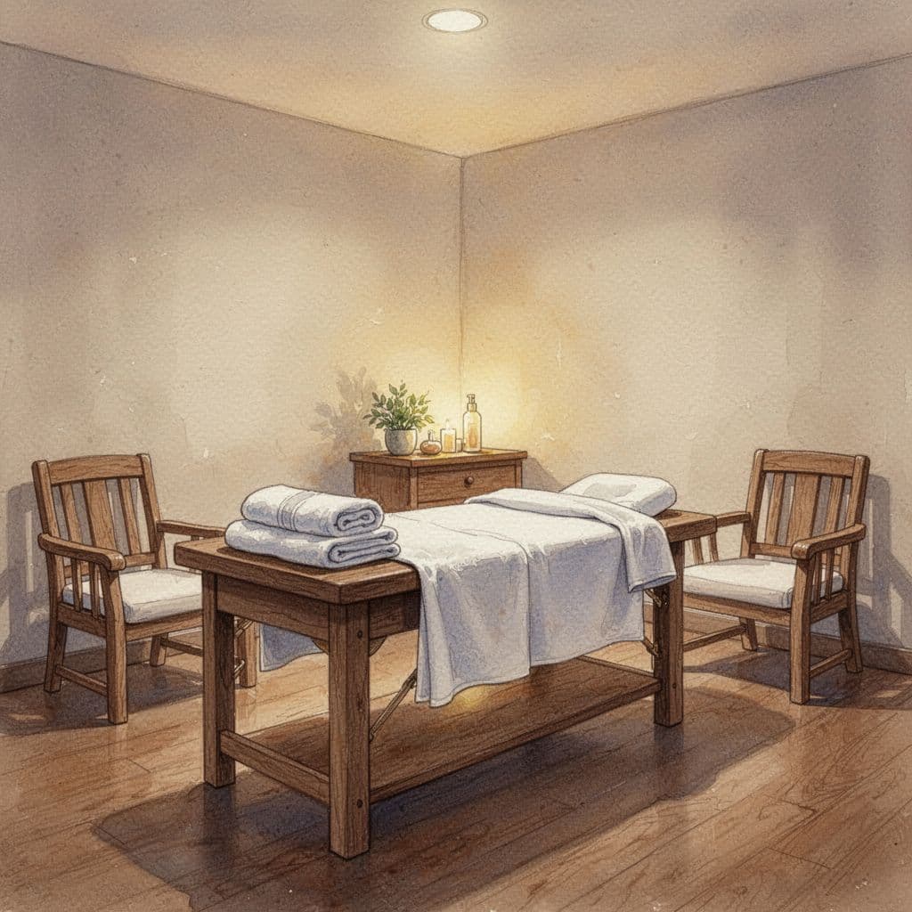 Deep Tissue Massage: What It Does and Who It Helps 2 Massage therapy room with warm lighting, soft towels, wooden furniture in watercolor style.