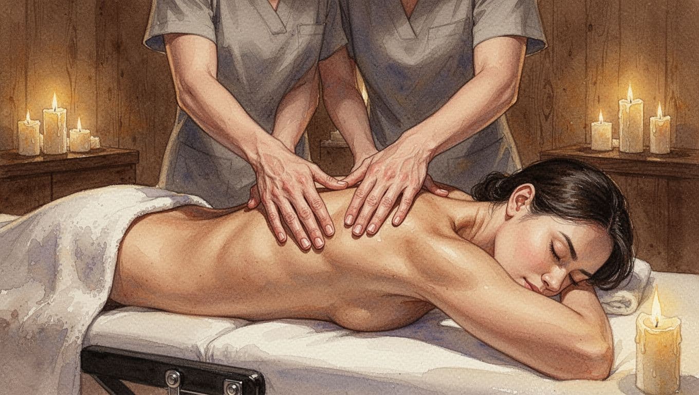Nairobi Massage Therapist: How to Choose the Right Spa 4 Therapist applies firm pressure to client's shoulders and upper back on spa table in dimly lit room with candles.