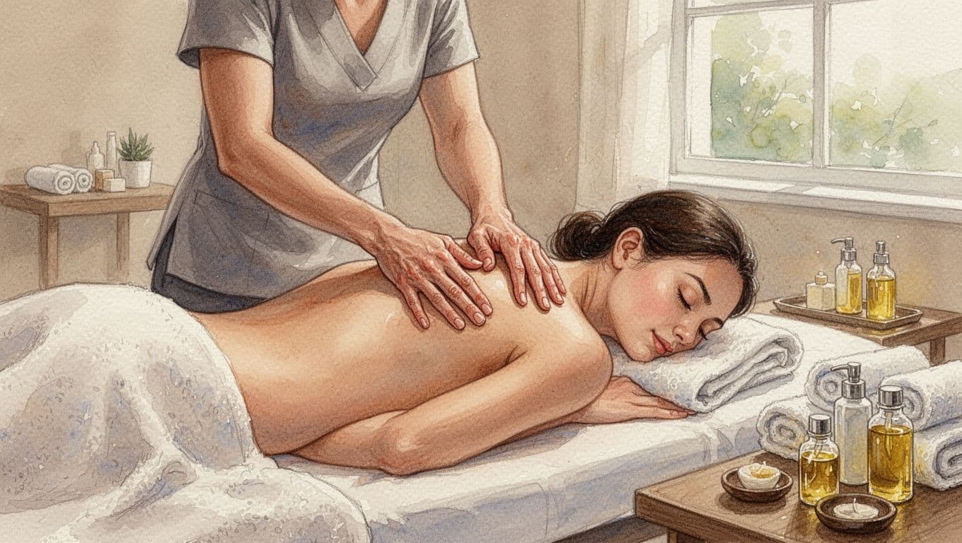 Therapist applies firm pressure with elbows and knuckles to client's prone back in spa room.