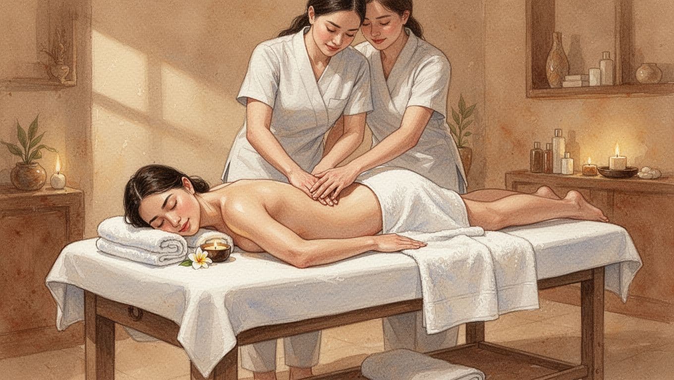 Therapist massages client's back and legs on table in warmly lit spa room.