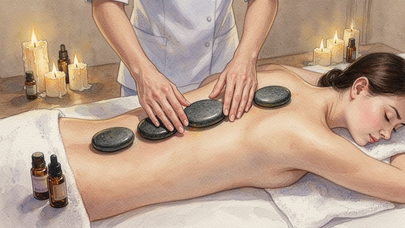 Hand and Stone Massage: What Nairobi Clients Should Know 2 Therapist's hands place smooth heated stones along client's spine on massage table in spa with candles and oils, watercolor style.