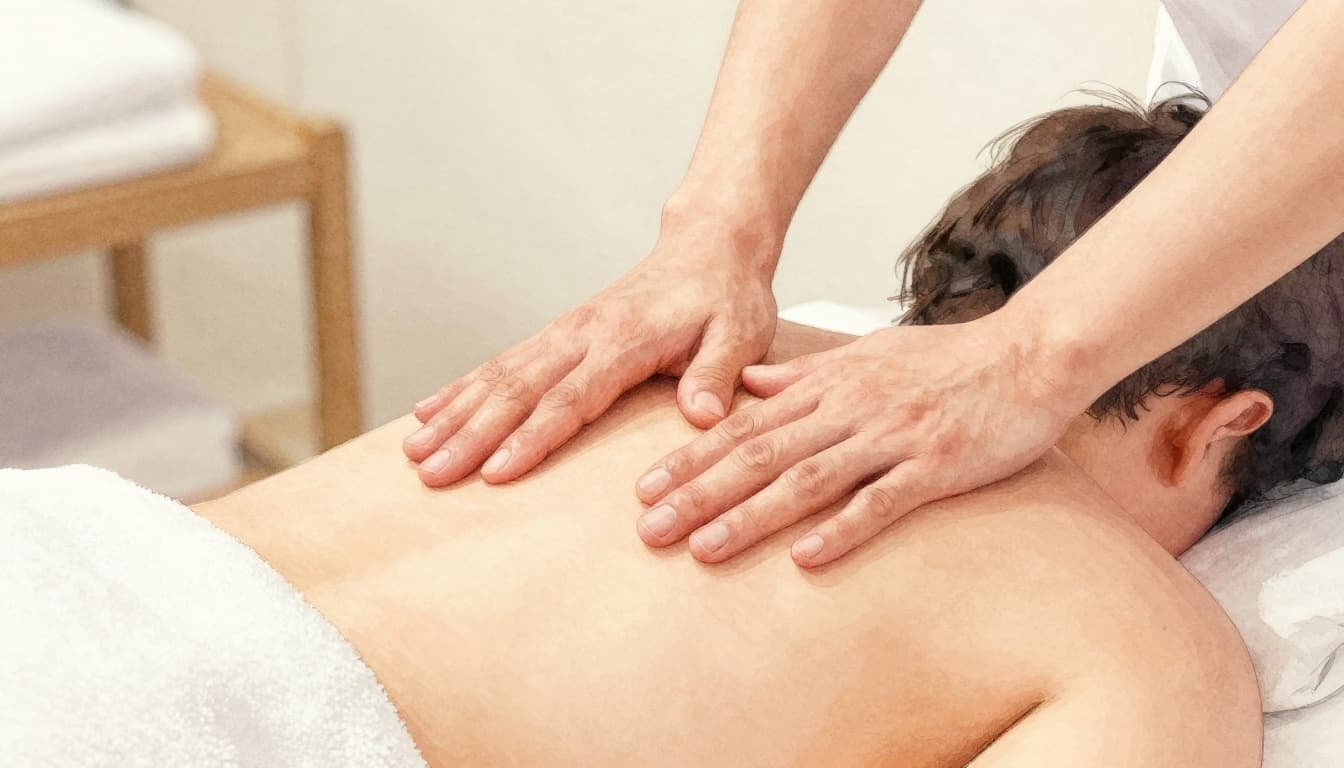 Lymphatic Drainage Massage in Nairobi: Benefits and What to Expect 2 Hands apply light strokes to neck and shoulder in spa room, watercolor style.