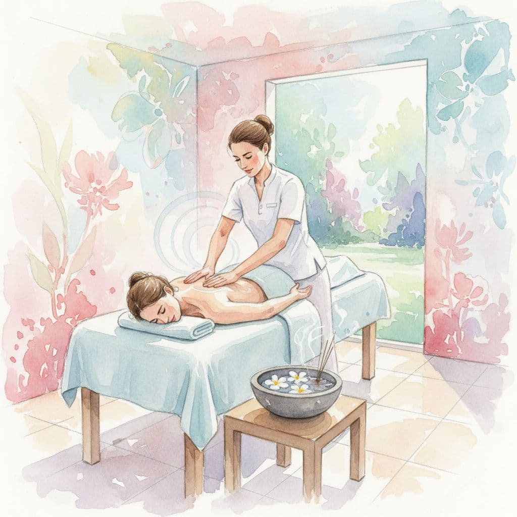 Lymphatic Drainage Massage in Nairobi: What It Does and Who It's For 2 A therapist performs a gentle massage on a client in a serene watercolor spa setting.