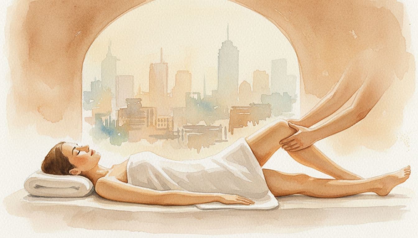 Client supine on treatment table receives leg massage, subtle Nairobi cityscape through window.