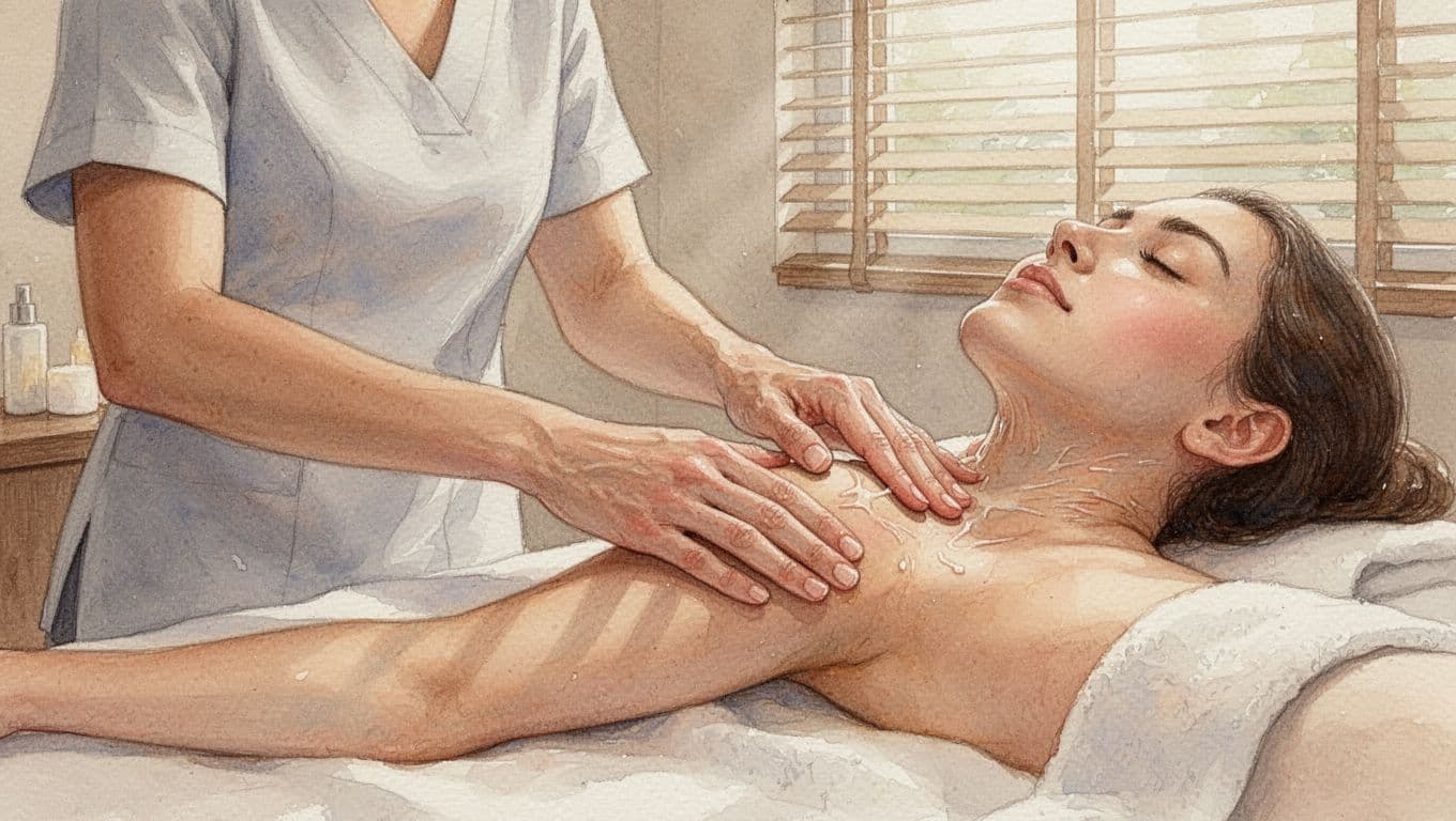 Therapist's hands perform gentle lymphatic drainage on client's arm and neck in softly lit spa room.