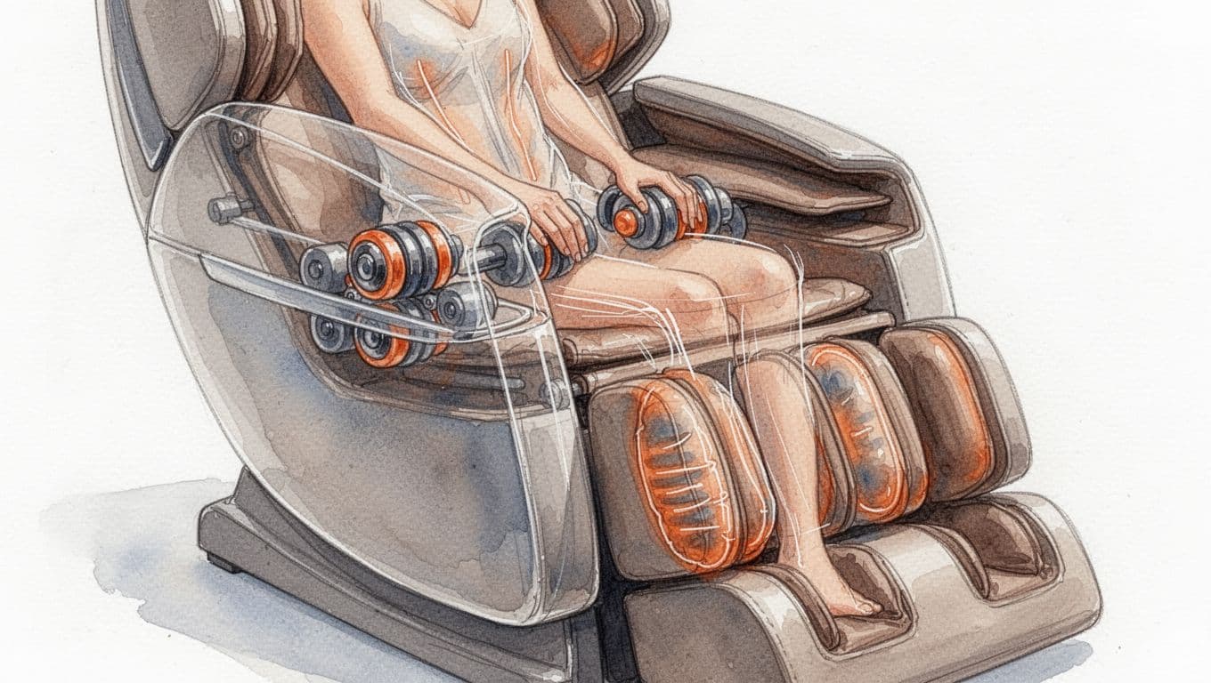 Massage Chair Benefits and Why Nairobi Still Needs Spa Care 3 Close-up of semi-transparent massage chair showing rollers on shoulders and airbags on calves in watercolor style.