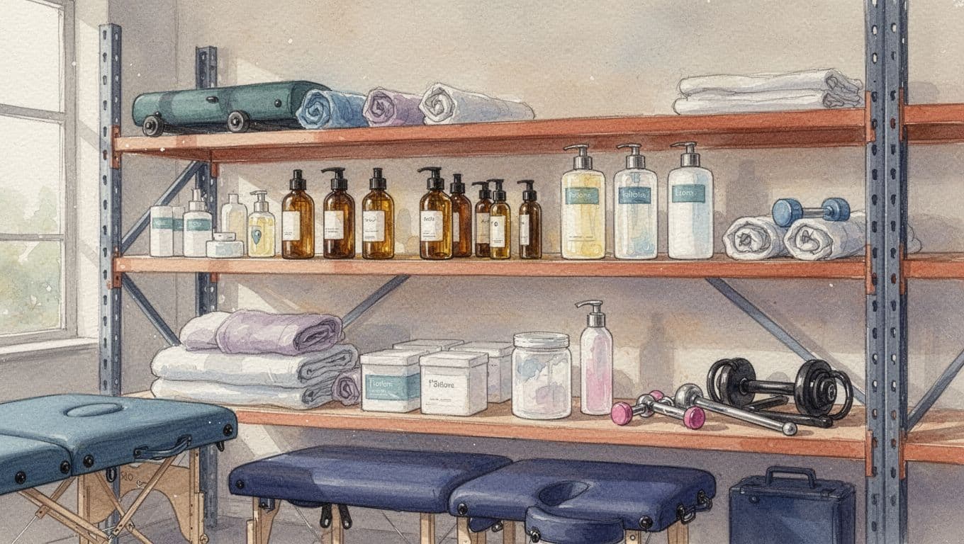 Warehouse shelf stocked with massage tables, oils, lotions, and therapy tools in watercolor style.