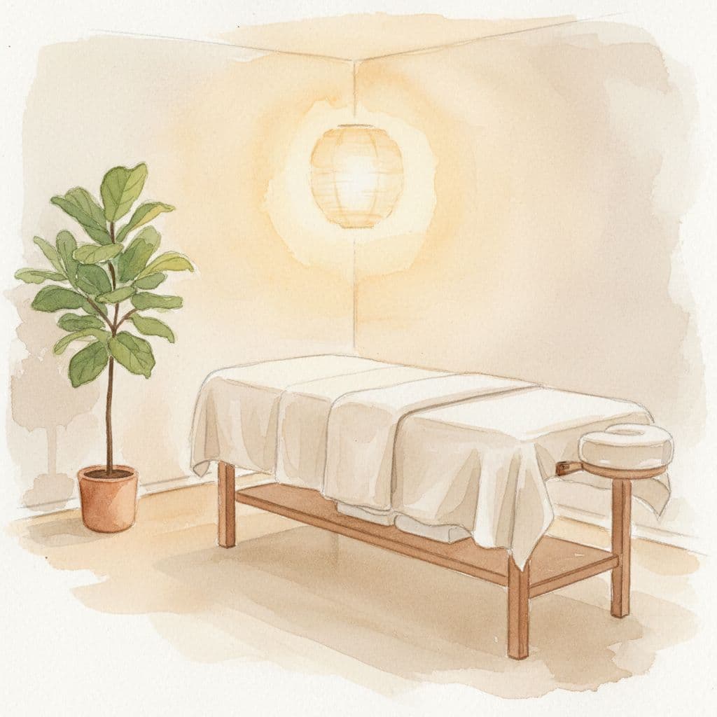 Massage Therapy Near Me: How to Choose the Right Spa in Nairobi 2 A watercolor painting of a calm massage room featuring a massage table and a single plant.