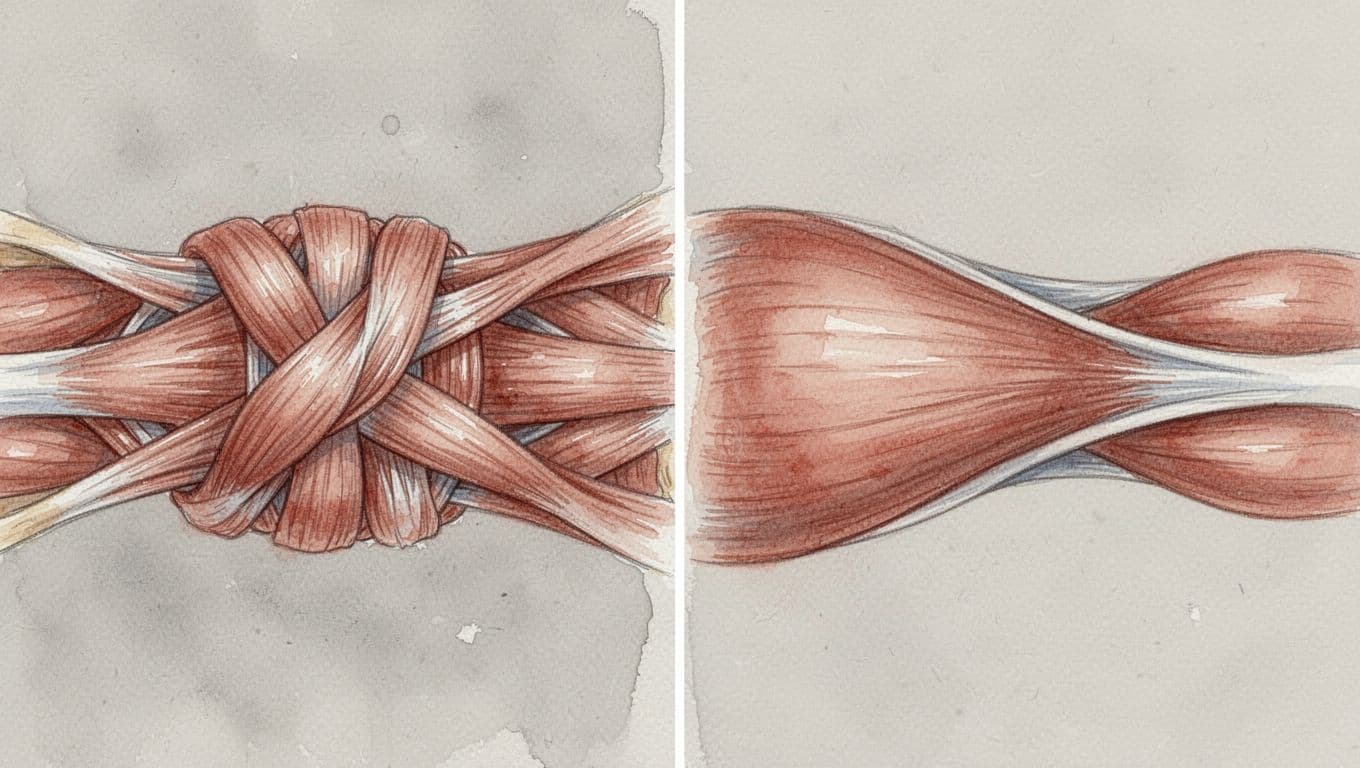 Split watercolor image displays tense knotted muscles left and relaxed smooth muscles right.