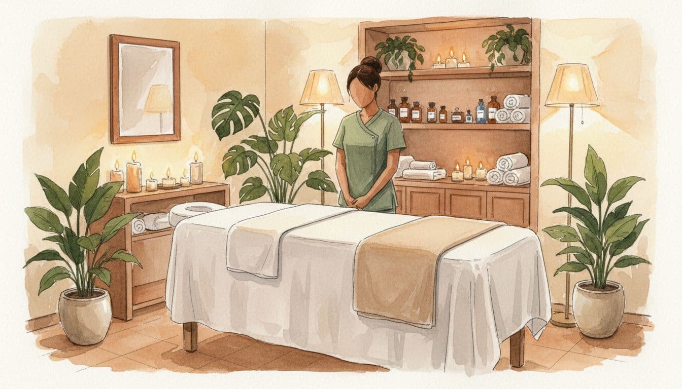 Massage Near Me Current Location: Choosing the Right Spa in Nairobi CBD 2 Watercolor painting of cozy spa room with white-sheeted massage table, standing female therapist in uniform, shelves of oils and towels, potted plants, dim candlelight.