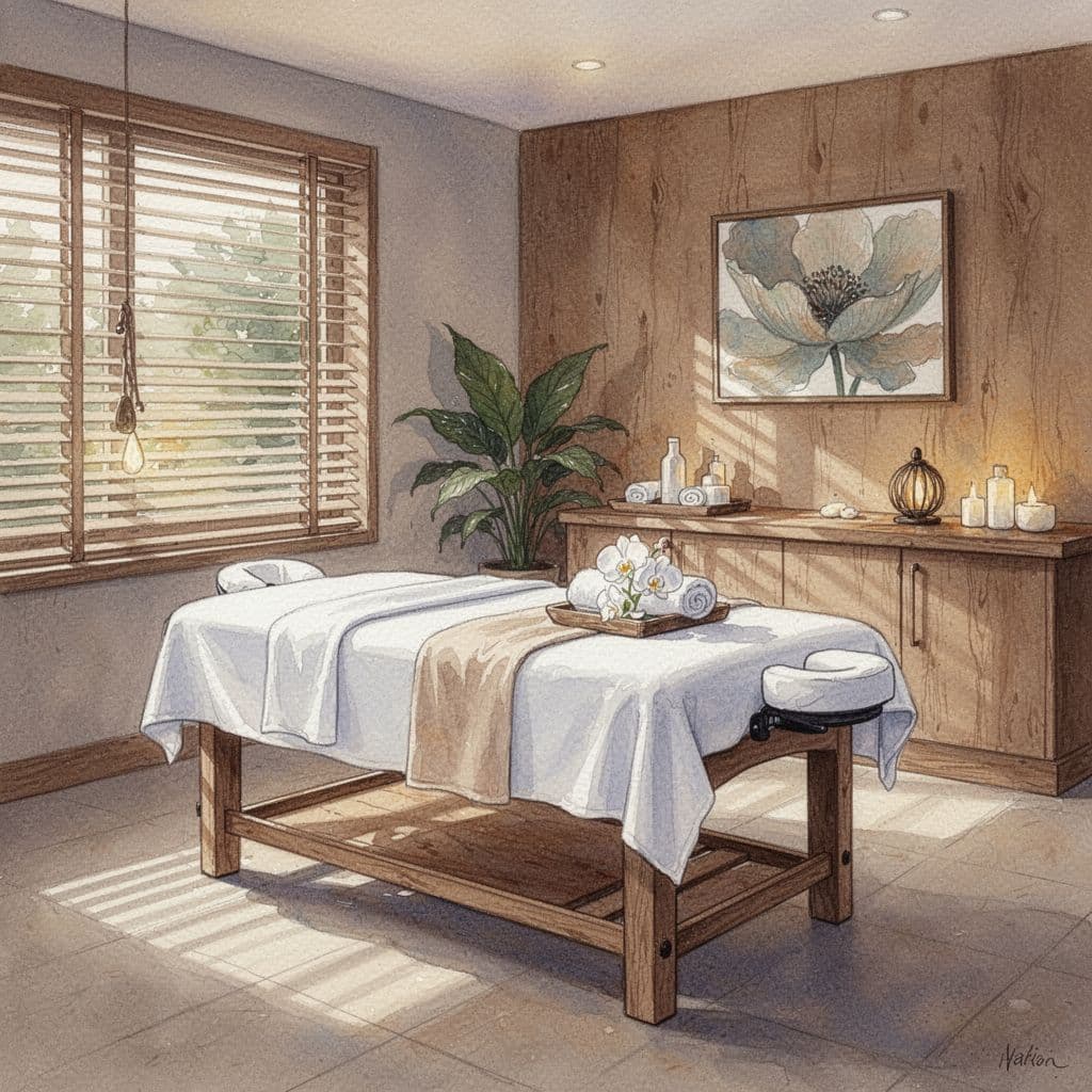 Nairobi Massage Therapist: How to Choose the Right One in CBD 2 A tranquil spa room features a massage table, wooden decor, and warm natural lighting in watercolor style.