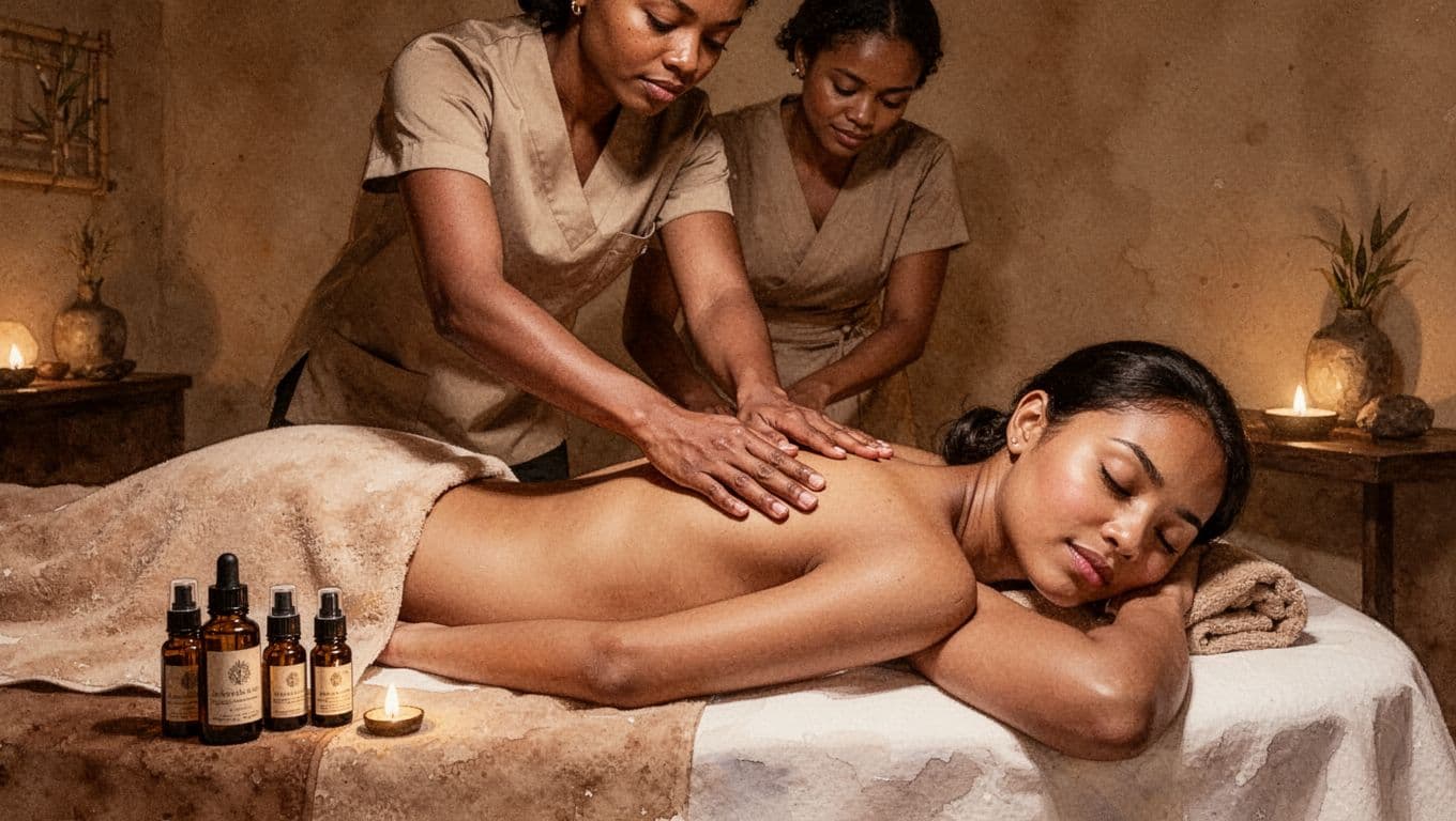 Female therapist applies acupressure to client's back on treatment bed in dim Nairobi spa with essential oils nearby, watercolor style.
