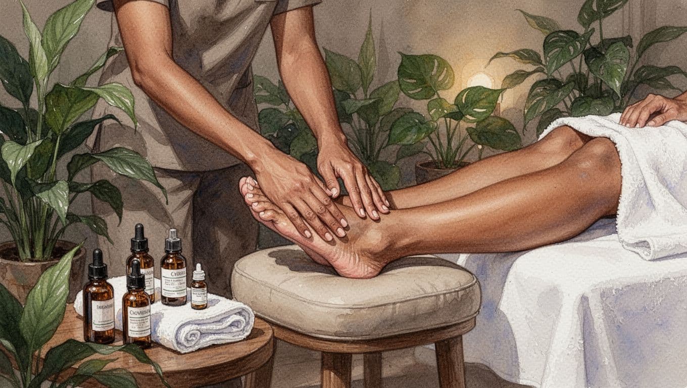 Nairobi Massage Therapist: How to Choose the Right Spa 3 Therapist's hands massage client's feet on cushioned stool with oils and towels nearby in plant-filled room.