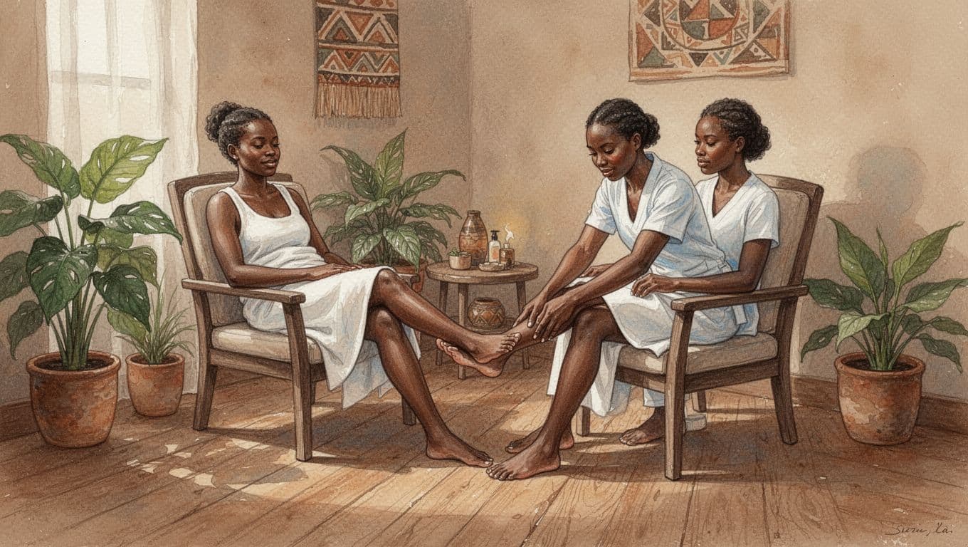 Client relaxes as therapist massages one foot in cozy Nairobi spa corner with wooden floors, plants, and soft light.
