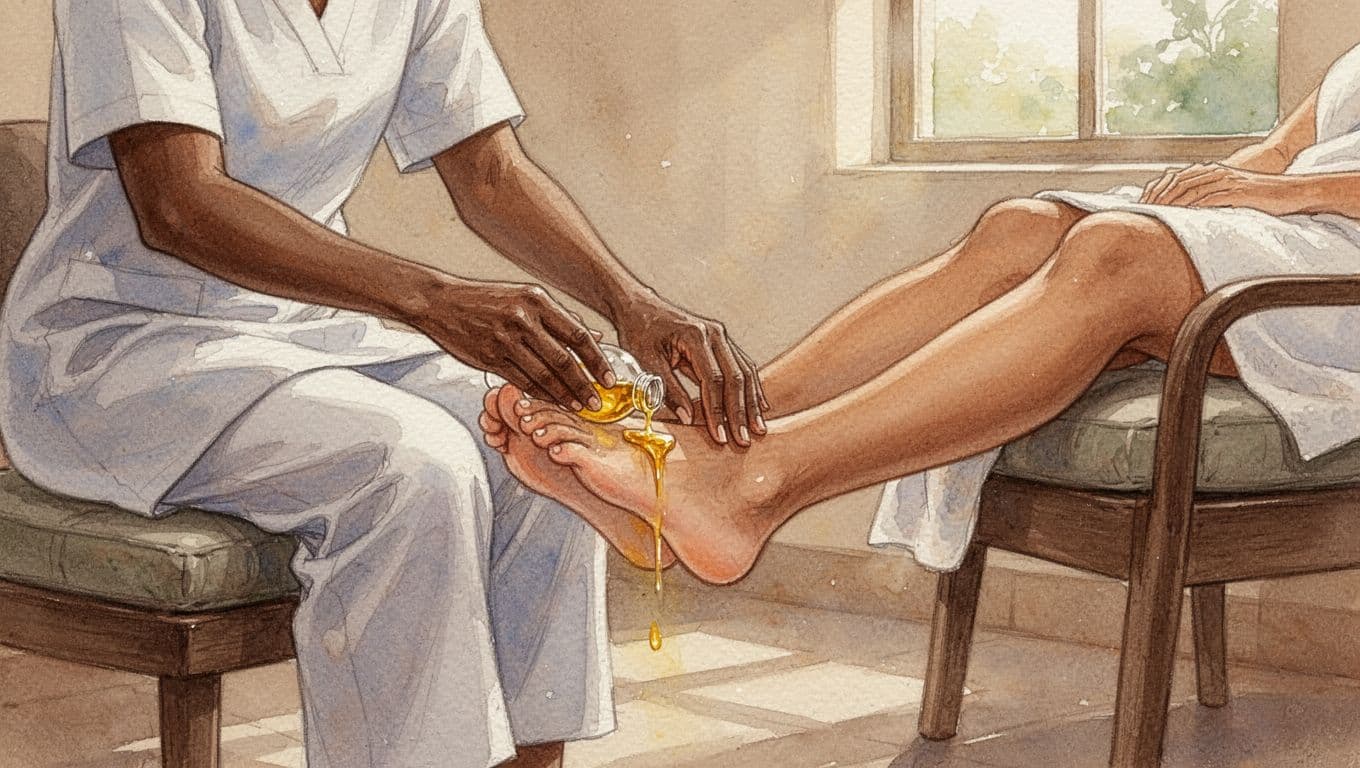 Therapist massages client's bare oiled feet on stool, client relaxed in chair with soft window light, watercolor style.