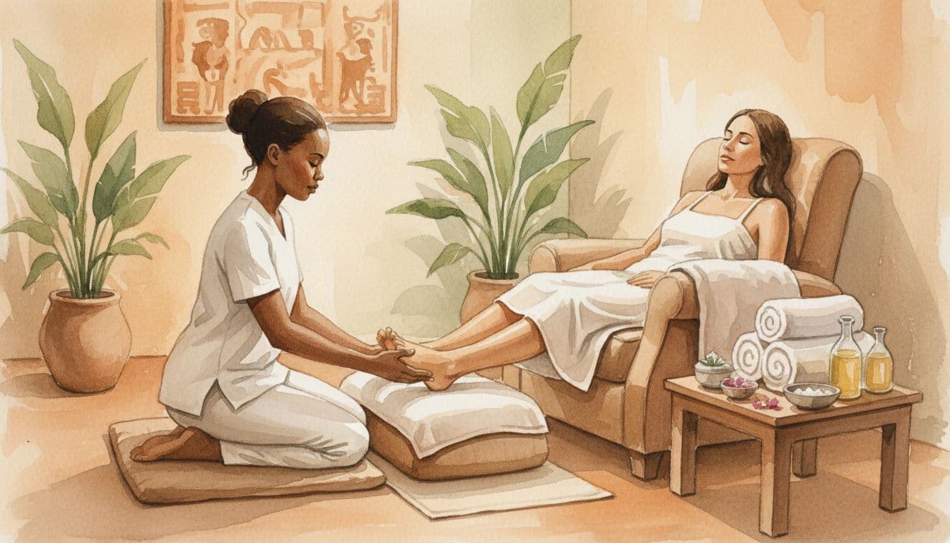 Therapist massages client's foot in warmly lit spa room with towels and oils, watercolor style.