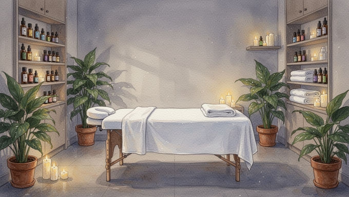 Serene Nairobi spa interior at Classic Comfort Massage & Spa, massage table with fresh linens, dim ambient lighting from candles, shelves with essential oils and towels, potted plants for calm vibe.
