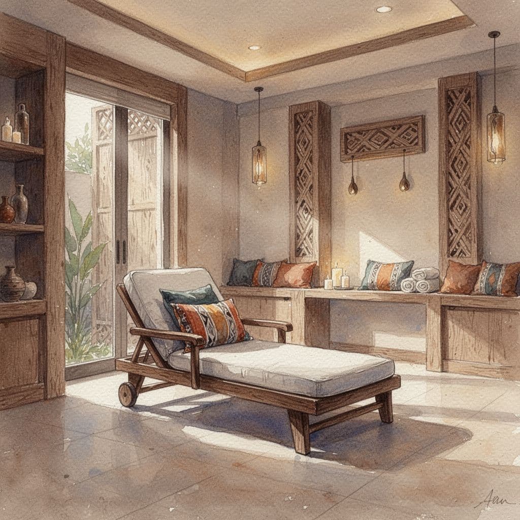 Nairobi Massage Therapist: How to Choose the Right One in CBD 4 A watercolor painting of a serene spa lounge featuring a single comfortable chair and warm ambient lighting.
