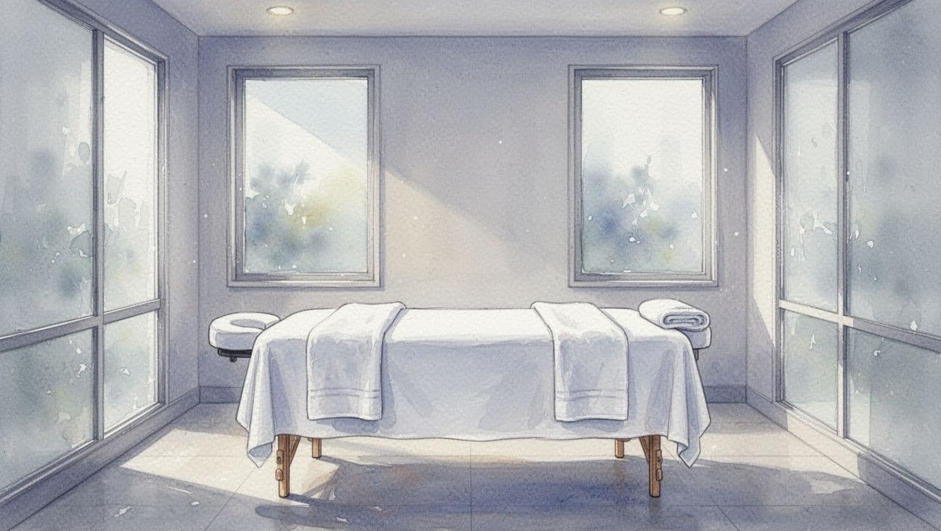 Lymphatic Drainage Massage: What It Does and When It Helps 2 A serene spa room featuring a professional massage table draped with clean white towels.