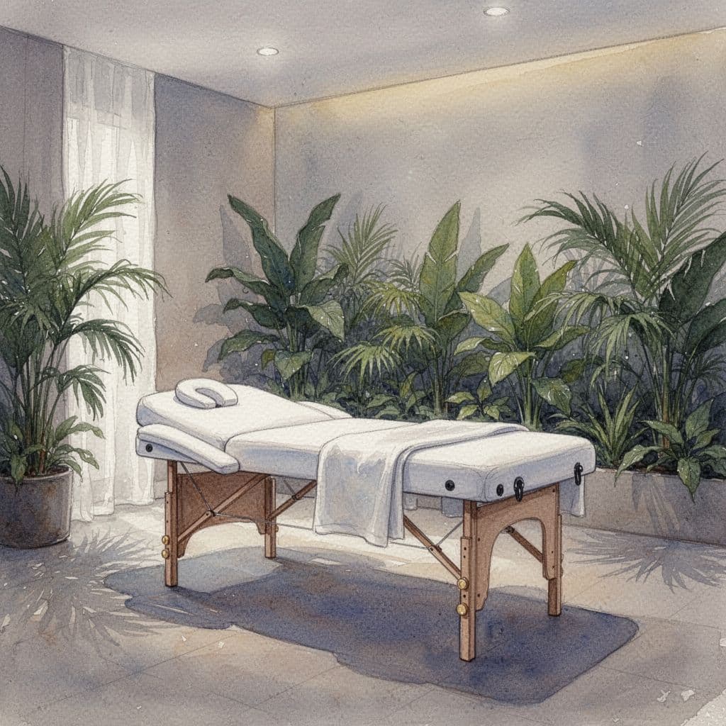 Full Body Massage in Nairobi: What It Does for Tired Bodies 2 Spa room in Nairobi with massage table, soft lighting, and tropical plants in watercolor style.