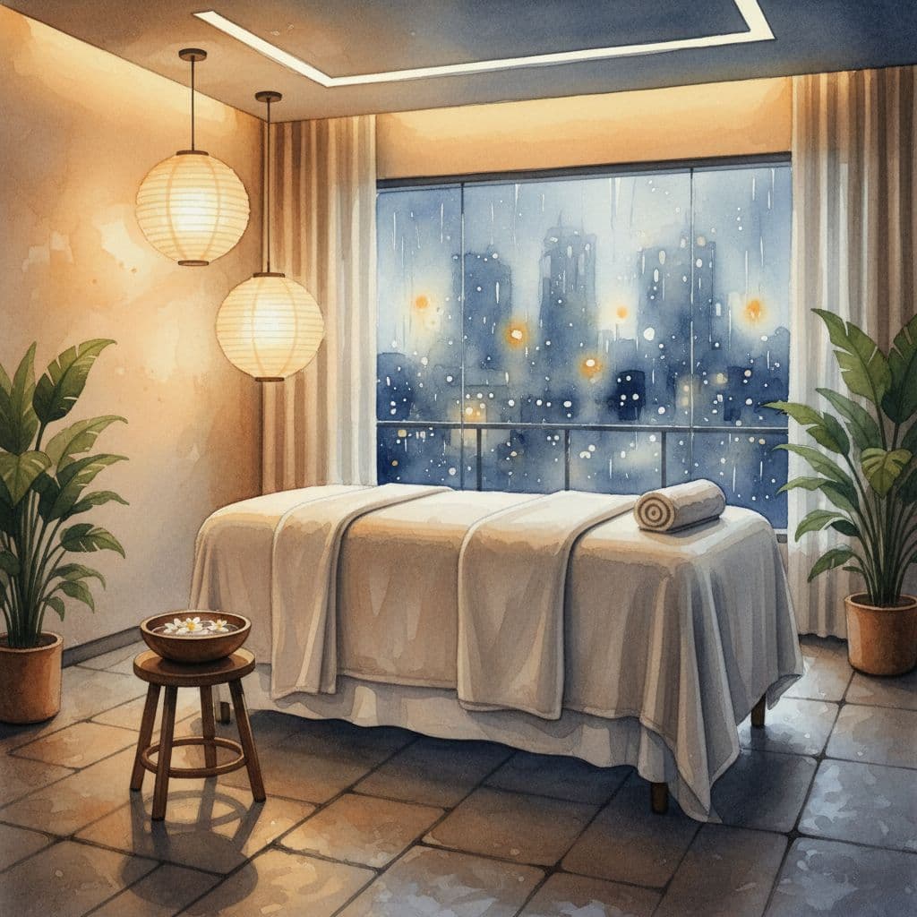 Massage Therapy Near Me: How to Choose a Spa in Nairobi 2 Dimly lit spa room with massage table, linens, and wooden bowl of flower petals in watercolor style.